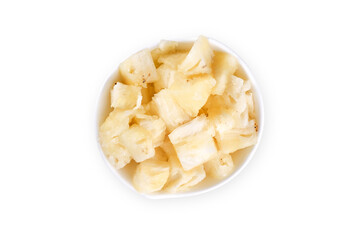 pineapple pieces on white background, top view