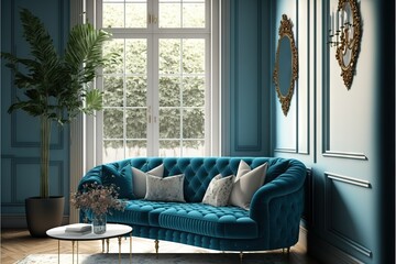 a living room with a blue couch and a table with a vase on it and a picture frame on the wall above the couch.