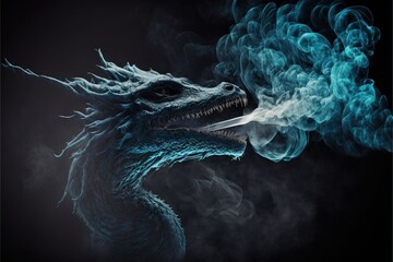  a dragon with a cigarette in it's mouth and smoke coming out of it's mouth, on a black background with a black background with a white smoke trail of smoke behind. Generative AI © Oleg