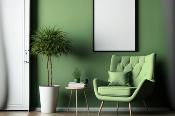 Living room in contemporary style with chair and blank green mock up background. Generative AI