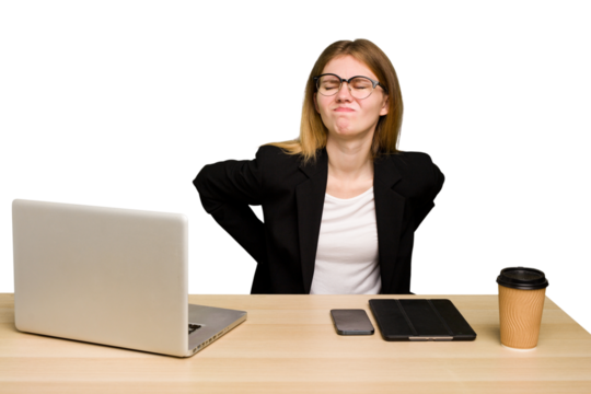 Young business caucasian woman working on her workplace cutout isolated suffering a back pain.
