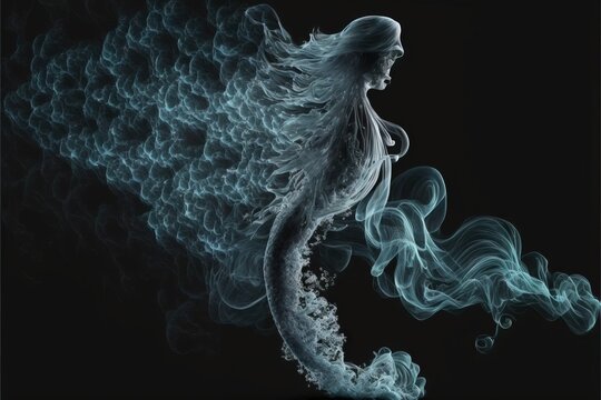 a woman with long hair and smoke in her hand, with a black background and a black background with a white and blue smoke pattern on the bottom of the image, a Generative AI