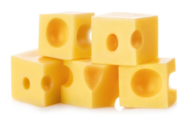Cubes of delicious cheese, isolated on white background