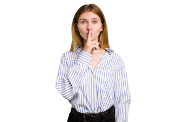 Young caucasian woman isolated keeping a secret or asking for silence.