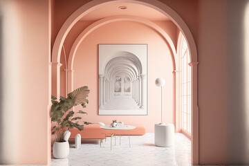 Fototapeta na wymiar Interior with arches and terrazzo flooring is peach pink coral. mock up of an illustration. Generative AI