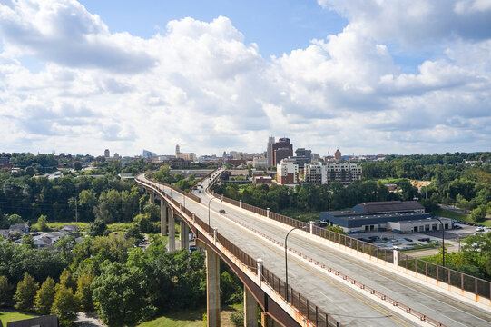 Akron, Ohio/USA - September 8th 2021: The All American bridge leading into Akron. Its a sunny day in sumer.