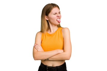 Young caucasian woman isolated funny and friendly sticking out tongue.