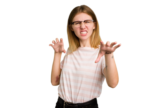 Young caucasian woman isolated showing claws imitating a cat, aggressive gesture.