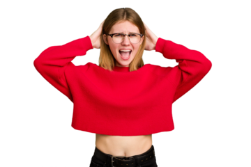 Young caucasian woman isolated screaming, very excited, passionate, satisfied with something.