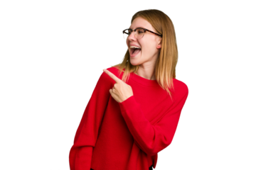 Young caucasian woman isolated looks aside smiling, cheerful and pleasant.