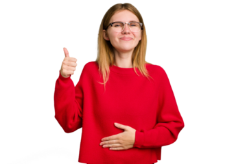 Young caucasian woman isolated touches tummy, smiles gently, eating and satisfaction concept.