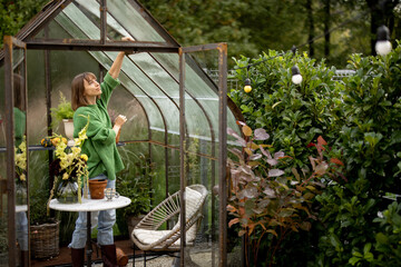Young woman takes care of flowers, opening window in tiny orangery in garden. Hobby of growing plants and flowers concept
