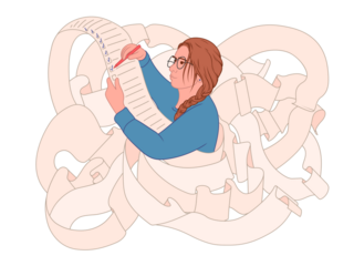 A woman ticks off an endless to-do list. Illustration on transparent background