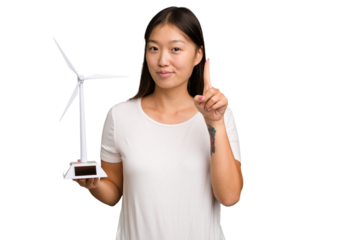 Young asian woman holding a small wind energy mill isolated showing number one with finger.