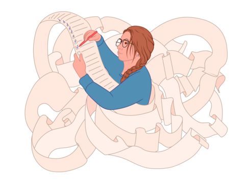 A woman ticks off an endless to-do list. Illustration on transparent background