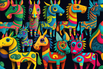 Traditional mexican painting, cultural heritage, imaginary animals alebrijes illustration, very colorful pattern