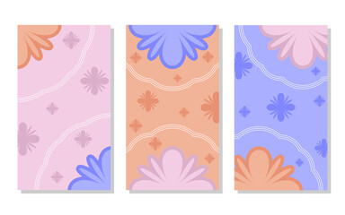 set of orange, soft pink and blue abstract portrait background with flower pattern and lines. simple, flat and colorful. used for wallpaper, backdrop, social media stories and poster
