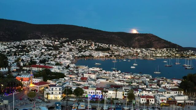 General view of Turkey Bodrum and yachts in the sea taken with a drone