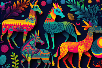 Traditional mexican painting, cultural heritage, imaginary animals alebrijes illustration, very colorful pattern