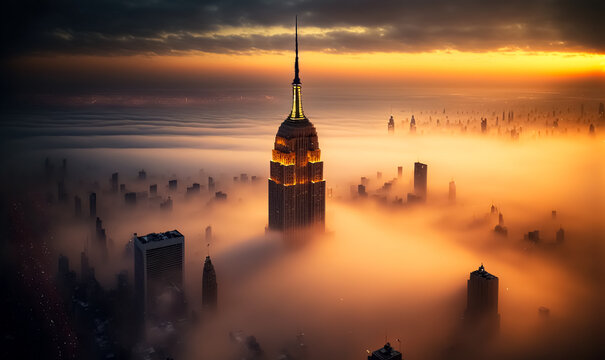 Top view of New York skyline in cloudy day at sunset. Skyscrapers of NYC in the fog. Stunning and magnificent view of famous city. digital art