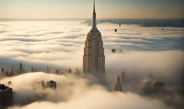 Top view of New York skyline in cloudy day. Skyscrapers of NYC in the fog. Stunning and magnificent view of famous city. digital art