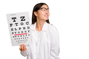 Young asian oculist woman holding a eye chart paper isolated looks aside smiling, cheerful and pleasant.