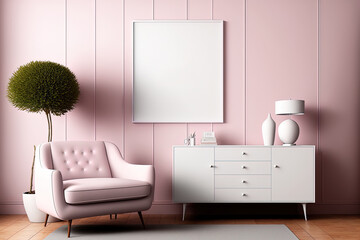 A living room with a sideboard, a single armchair, and parquet flooring has two empty square frames on a bright pink wall. Mockup canvas for a modern design concept. Generative AI