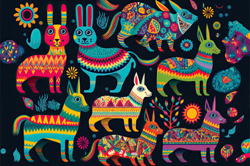 Traditional mexican painting, cultural heritage, imaginary animals alebrijes illustration, very colorful pattern