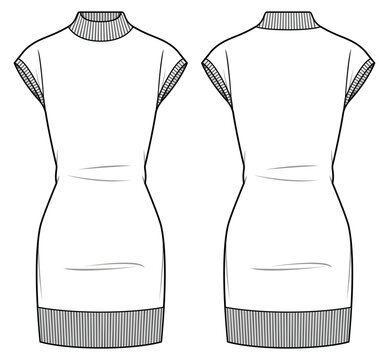 Women Knitted rib sheath dress design flat sketch fashion illustration with front and back view, Rib cuff hem cap sleeve dress cad drawing vector template