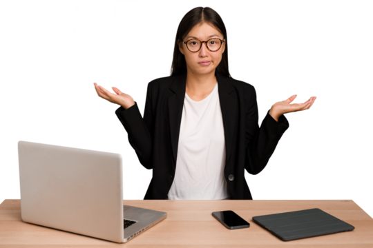 Young business asian woman sitting on a table isolated doubting and shrugging shoulders in questioning gesture.