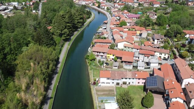 Aerial view of the Naviglio Grande in Bernate near Milan, Lombardy, Italy