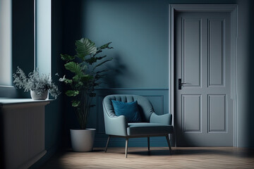 Interior of a minimalist living room with blue walls, a wooden floor, a soft armchair upholstered in blue and silver, and a small coffee table. simulated toned image. Generative AI