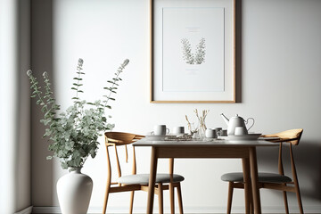Elegant interior of a Scandinavian dining room with mock up poster frame, wooden table, chairs, cups of coffee, and flowers in vases. able can be used. Template. modern interior design. Generative AI