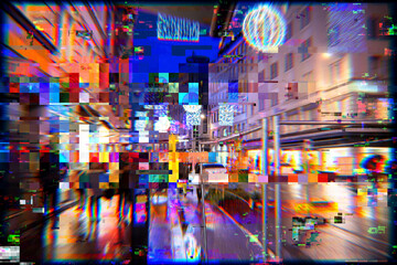 Few pedestrians on the rather busy street in metaverse conceptual reality imagination virtual and real world - cybersapce hypothesized iteration of the internet, supporting persistent online 3-D - obrazy, fototapety, plakaty