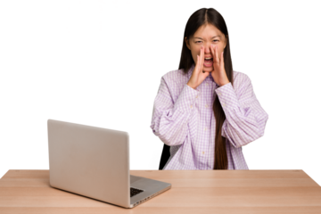 Young student asian woman in a workplace with a laptop isolated shouting excited to front.