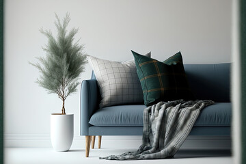 Interior wall mock up on a white background with a velvet sofa, pillows, plaid, and a pine branch in a vase. Generative AI