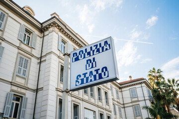 Sanremo, Italy - Nov 22, 2019: Polizia di Stato translated as State police station signage in front...