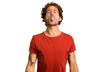Young curly smart caucasian man cut out isolated funny and friendly sticking out tongue.