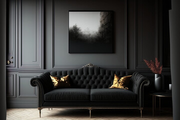 Mock up of an interior showing a sofa in traditional black. Generative AI