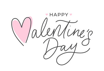 Happy Valentine's day lettering greeting card with pink heart. Hand drawn minimalist design vector illustration. Simple line Valentine's day design template for banner, party invitation, sale, poster