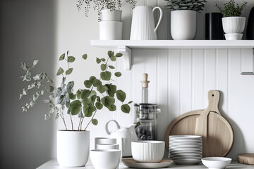 Fototapeta na wymiar Scandinavian interior with minimal decor. White shelves with dishes. The interior has white accents. Generative AI