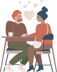 Young valentine couple in love sitting in a cafe drinking coffee