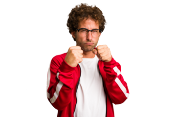 Young curly smart caucasian man cut out isolated showing fist to camera, aggressive facial expression.