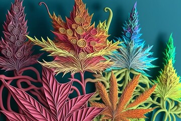Colorful marijuana leaves on turquoise background. Art. Deco style. Generative AI illustration. Creative digital drug art. set Cannabis or ganja leaf multi-colored wallpaper. - obrazy, fototapety, plakaty