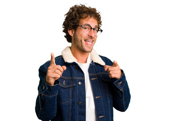 Young curly smart caucasian man cut out isolated pointing to front with fingers.