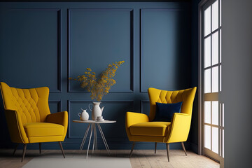 Fototapeta premium Blueprint house design concept, yellow armchairs, a wood table, a blue wall, and hardwood floors, Modern Vintage interior of a living room. Generative AI