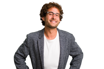 Young curly smart caucasian man cut out isolated happy, smiling and cheerful.
