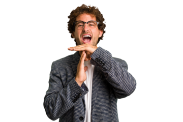 Young curly smart caucasian man cut out isolated showing a timeout gesture.