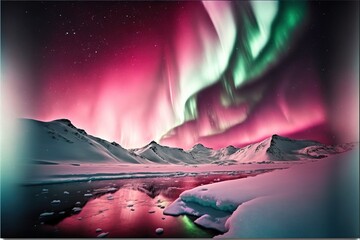 a beautiful aurora bore over a frozen lake and mountains in the background with a bright pink and green aurora bore.