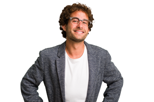 Young curly smart caucasian man cut out isolated happy, smiling and cheerful.